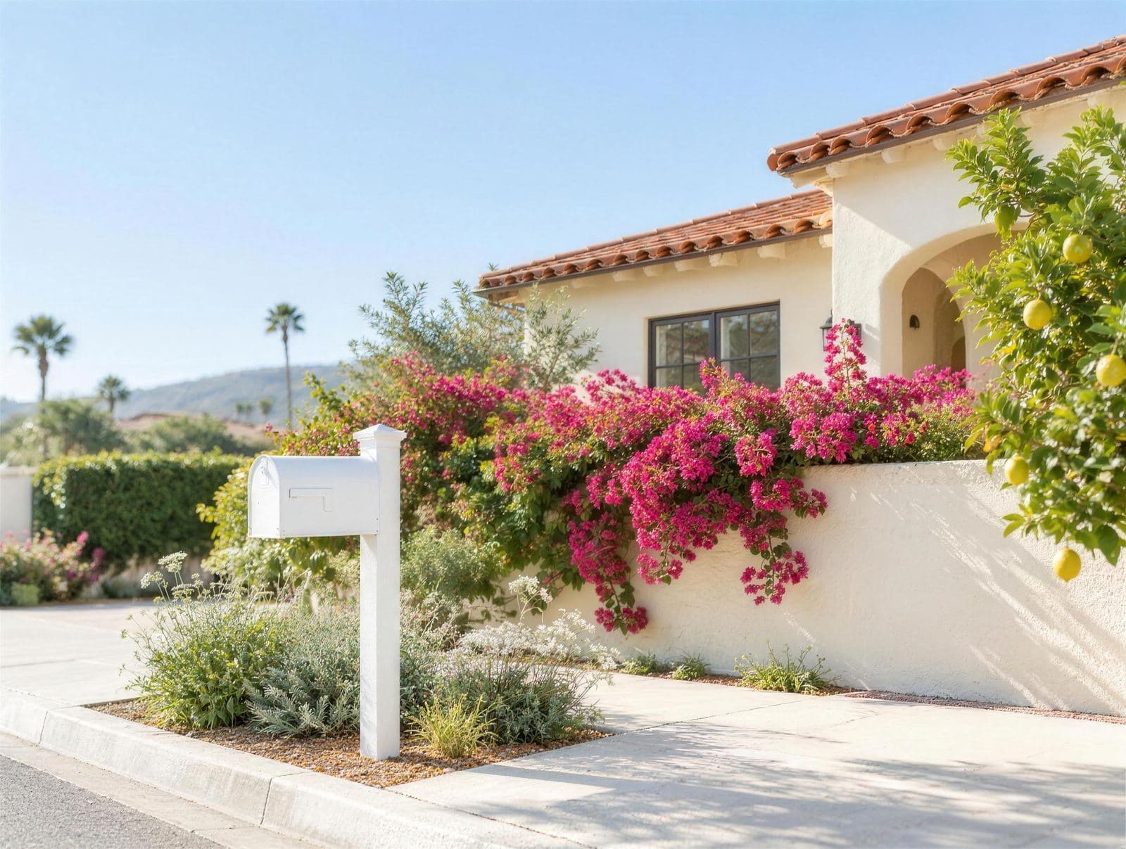A white mailbox in front of a Spanish-style home with bougainvillea