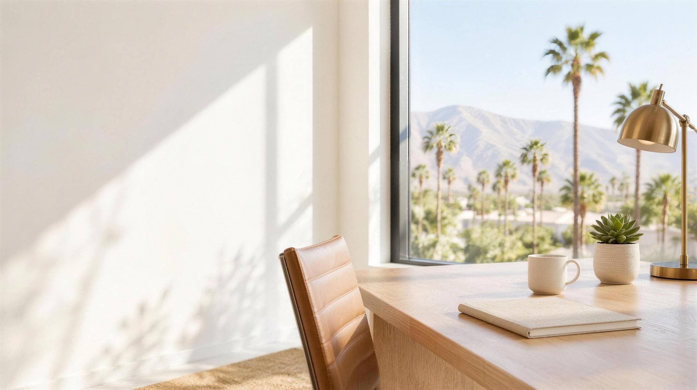 A sunlit desk by a window looking out over palm trees and mountains