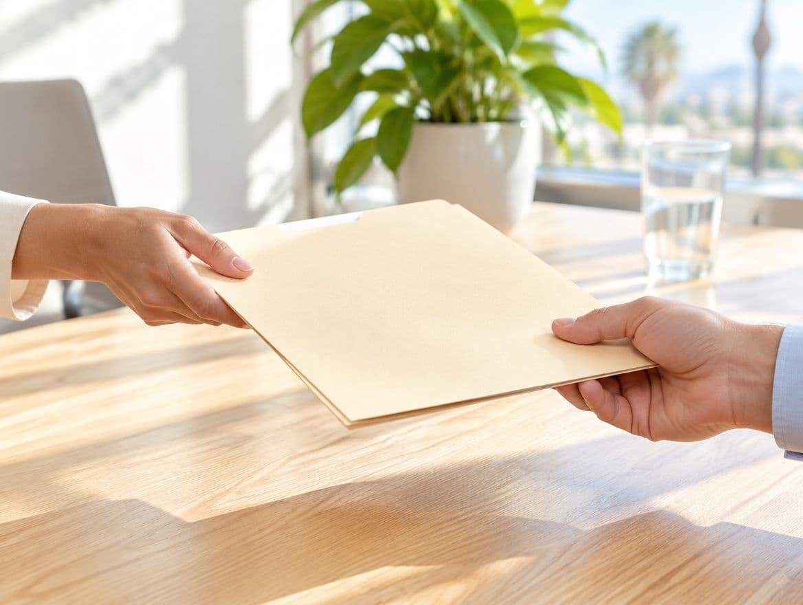 One person handing a case folder to another across a desk